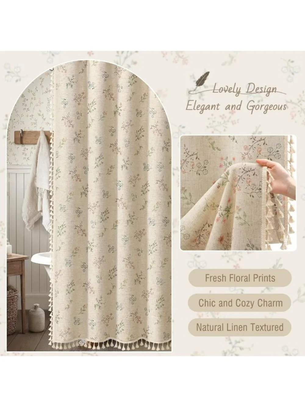 Vintage Floral Linen Shower Curtain with Tassels - Farmhouse Style 72x72